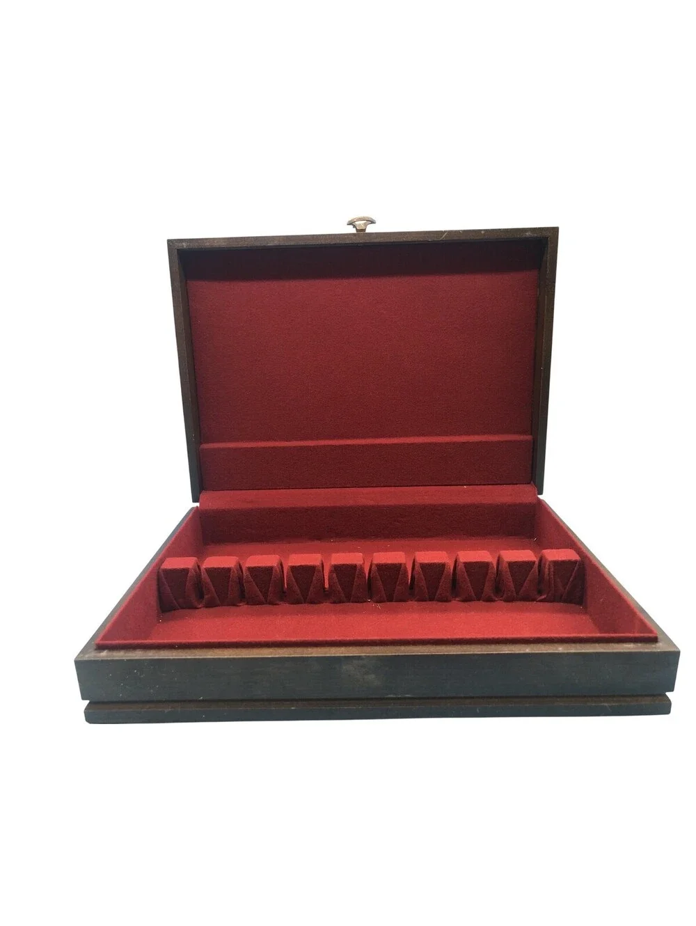 Vintage Wood Flatware Storage Box Silverware Chest Red Felt Lined 12x16x4